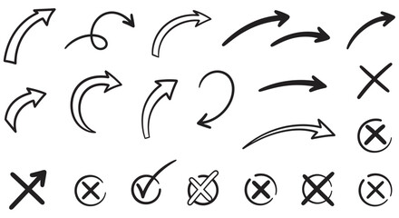 Fototapeta premium Hand drawn Arrows And Cross Marks Black Line Vector Illustration On White Background