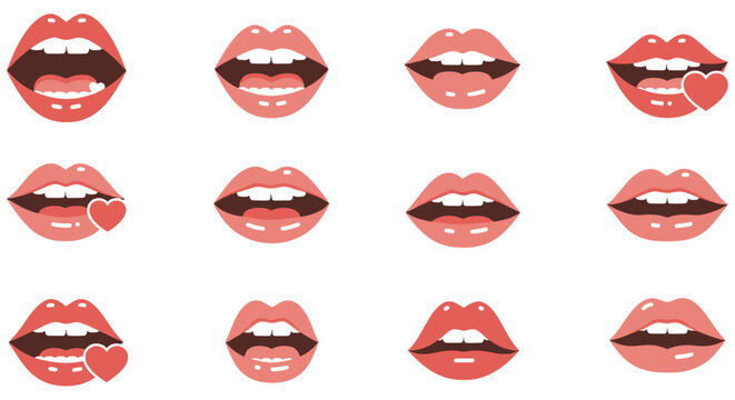 Red Lips Collection Vector Illustration With Various Expressions On White Background