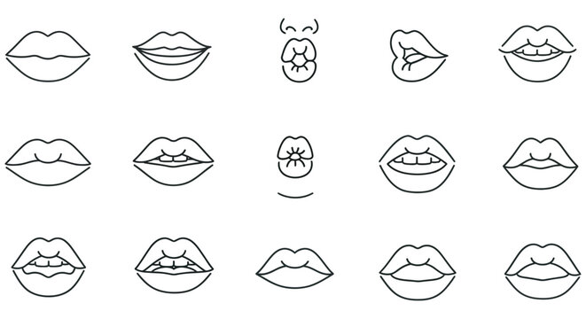 Line Art Mouth Expressions Set Of Various Lip Shapes And Smiles