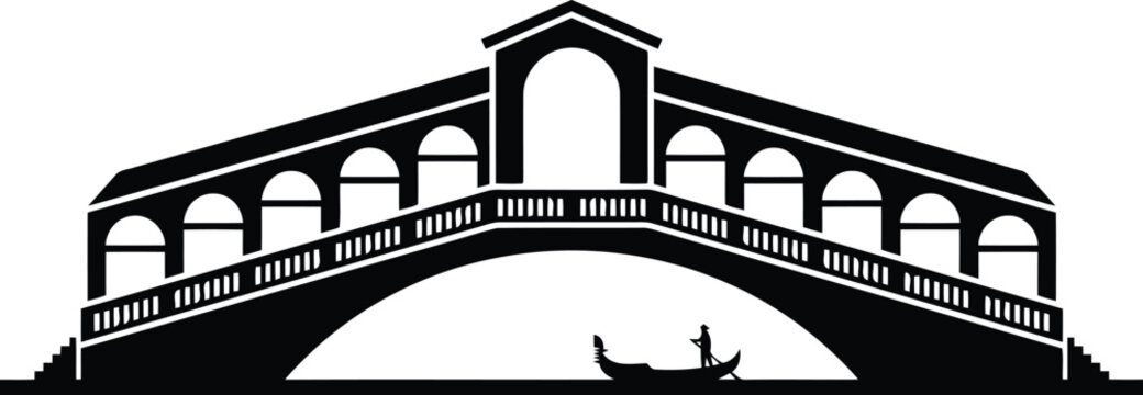 Black Silhouette of Historic Arch Bridge with Boat on Water, Minimal City Landmark Illustration