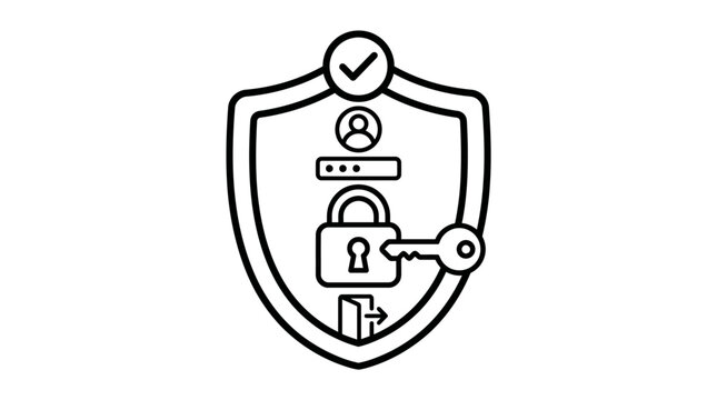 A line art icon representing cybersecurity with shield, user, password, padlock, key, and logout symbols.