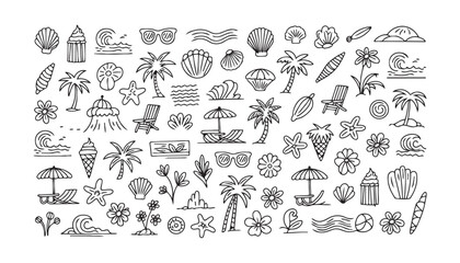 Summer vacation doodle set with beach elements and tropical nature symbols for holiday travel design concept work © BULBUL ISLAM