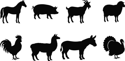 Obraz premium Farm Animal Silhouette Collection with Horse Pig Goat Sheep and Poultry