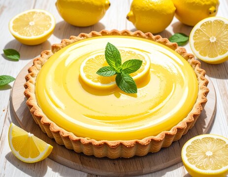 Elegant Lemon Tart with Fresh Lemon Slices and Mint &ndash; Bright Citrus Dessert Food Photography