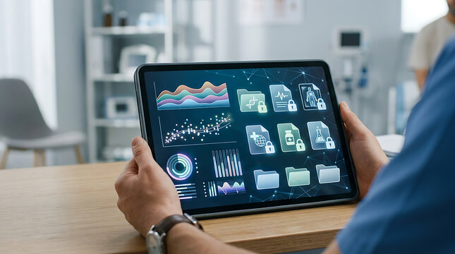 Doctor holding digital tablet displaying patient health data charts and medical dashboard with dashboard analysis technology professional healthcare