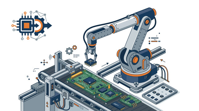 Robotic arm assembling electronic circuit board on industrial conveyor belt.