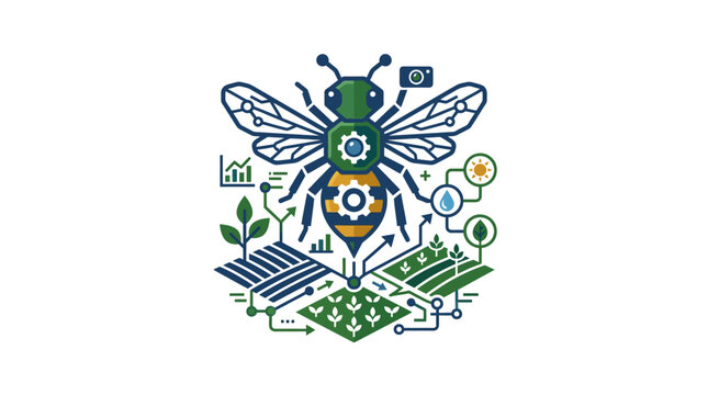 Robotic honey bee pollinating a smart farm with solar panels.