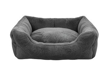 Gray plush pet bed offering softness and comfort for a dog or cat, a cozy and resting place for domestic animals. Transparent background