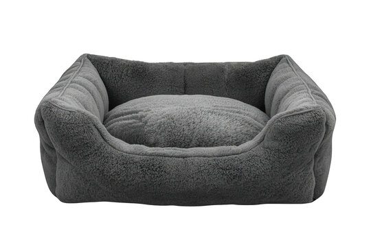 Gray plush pet bed offering softness and comfort for a dog or cat, a cozy and resting place for domestic animals. Transparent background