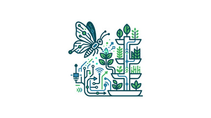 Smart vertical farming icon with butterfly and digital plants. © Wic