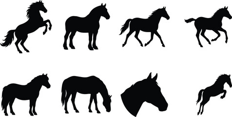 Fototapeta premium Horse Silhouette Collection Set with Standing Running Grazing and Rearing Vector Shapes