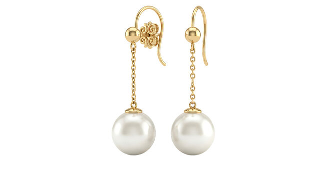 Pair of gold hook earrings with a small gold stud and a large white pearl pendant, isolated on a white background, jewelry product
