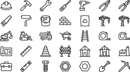 Construction Tool Icons Black Line Art On White Background © Vector Mahi