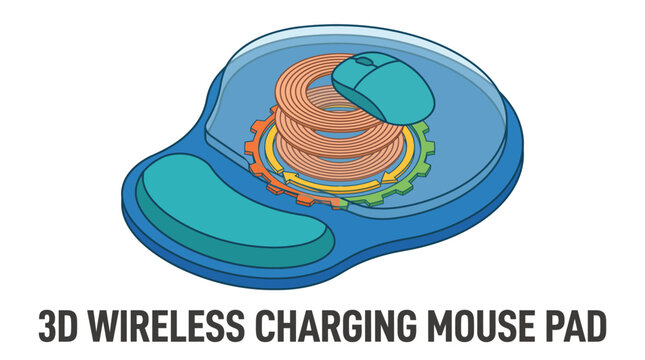 Isometric wireless charging mouse pad concept with induction coil and computer mouse graphic illustration design