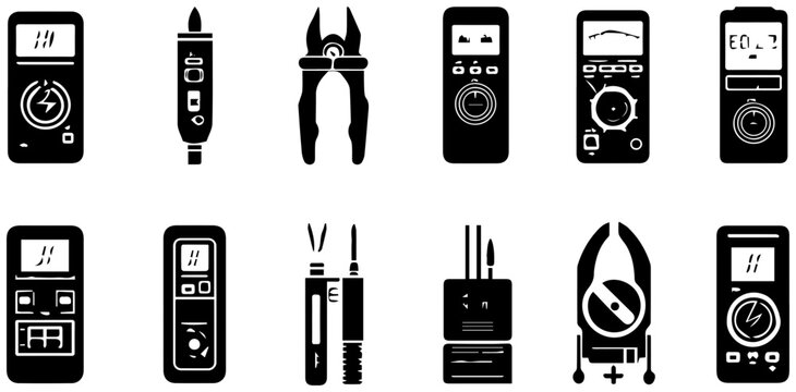 Set of electrical testing equipment icons featuring voltage meters and diagnostic tools for professional industrial maintenance