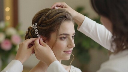 Fototapeta premium A close-up shot of a beautiful young bride having her elegant updo styled by a professional hairstylist, with sparkling floral accessories added to her brown hair.
