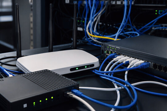Enterprise Network Router and Ethernet Switch with Connected LAN Cables in Server Rack