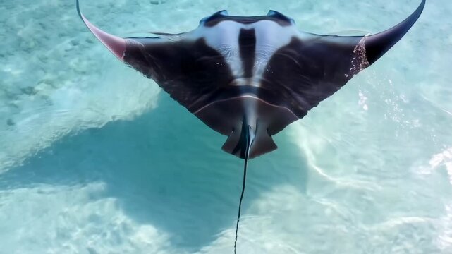 serene manta rays swimming in clear blue water with sandy bottom, top-down perspective, calm and serene marine life scene, aquatic wildlife, natural beauty, clean background, modern design.