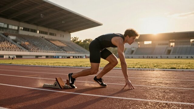 A muscular male sprinter crouches in starting blocks on a red athletic track, poised for action as the sun sets behind an empty stadium.