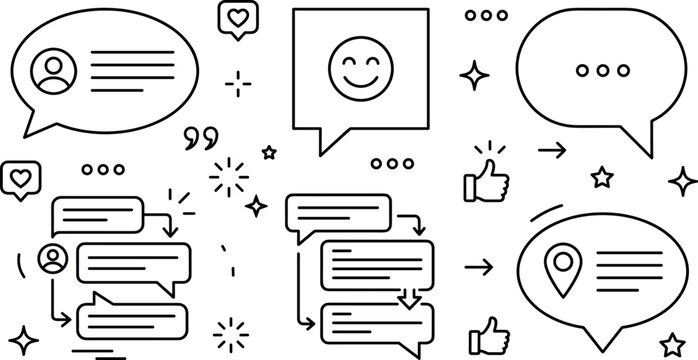 Social media chat message communication and user profile comment linear outline icons set vector design