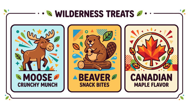 Set of three colorful cartoon labels for Canadian wilderness treats featuring a moose a beaver and a maple leaf.