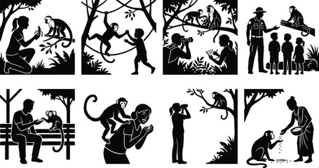Obraz premium Illustration of Human and Monkey Interactions in Natural and Park Settings Collection
