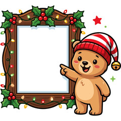 Fototapeta premium A cartoon bear wearing a hat points at a festive holiday frame.
