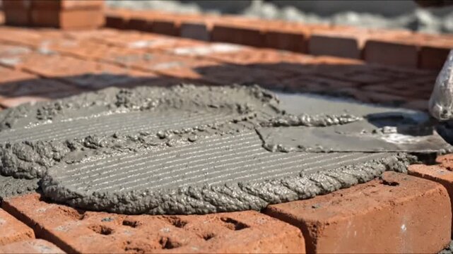 Close-up of Trowel Spreading Smooth Wet Cement on a Brick Surface
