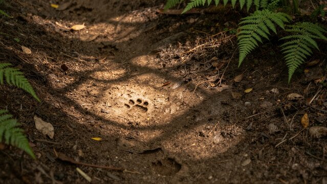 A clear animal paw print impressed into damp forest soil surrounded by ferns and fallen leaves.