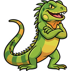Fototapeta premium A cartoon green lizard stands confidently with crossed arms.
