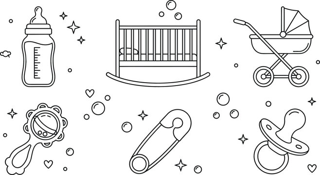 Baby essentials and nursery line icon set featuring bottle crib stroller rattle safety pin and pacifier vector illustration