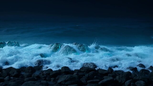 Dark Ocean Waves Crashing on Rocky Shoreline at Dusk