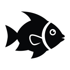 Fototapeta premium Black fish icon with white details swimming right on plain background
