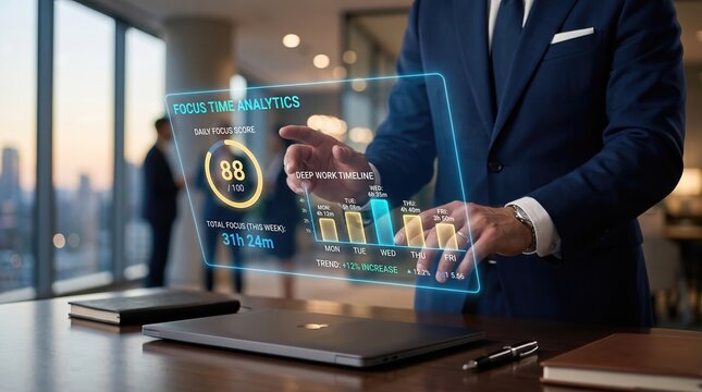 Businessman's hands reviewing holographic productivity dashboard showing focus time analytics and deep work timelines in luxury corporate office with warm cinematic lighting