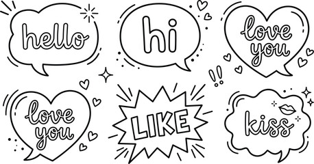 Comic speech bubble doodle set with hello hi love you like and kiss lettering messages vector line illustration © MD