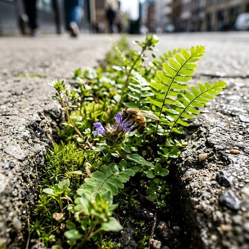 Wildflowers and bee growing from crack in urban asphalt.