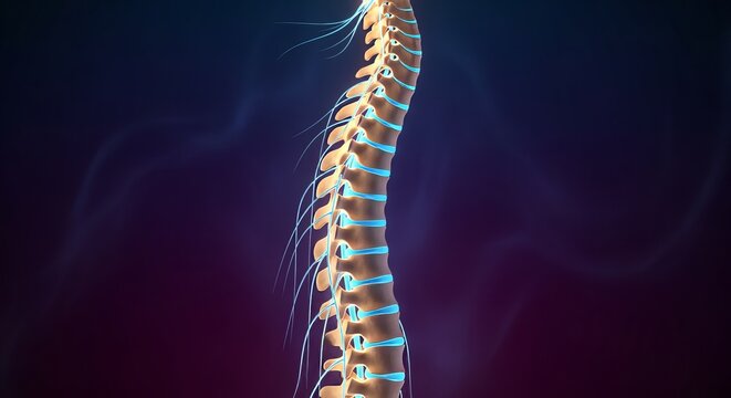 Photorealistic image of a human spine with glowing vertebrae and spinal cord in dark setting