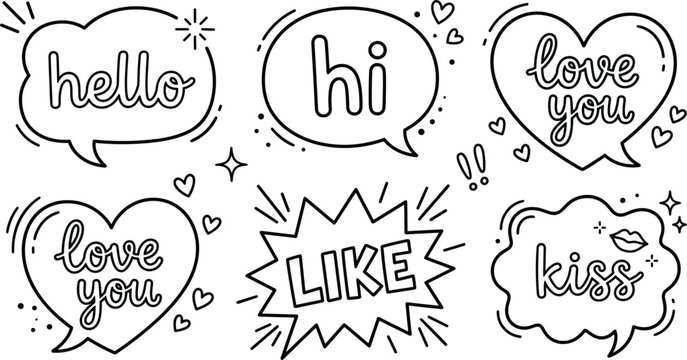 Comic speech bubble doodle set with hello hi love you like and kiss lettering messages vector line illustration