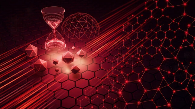 Abstract red digital hourglass and geometric shapes on a dark hexagonal grid, symbolizing data flow, time, and interconnectedness in technology.