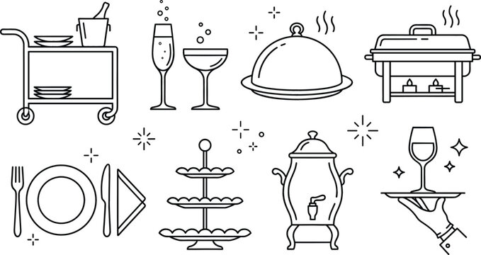 Catering and buffet service outline icons set for luxury restaurant dining party event celebration food banquet menu design