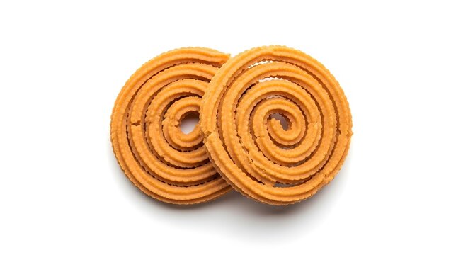 Two crispy spiralshaped chakli snacks isolated on white background