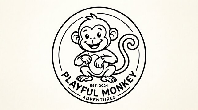 Playful monkey logo, cartoon character, adventure brand mark, black and white icon