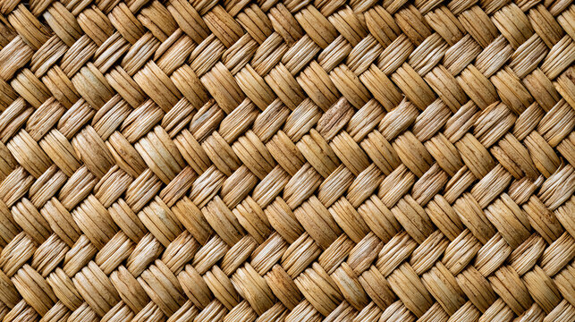 Natural woven straw texture with an intricate braided pattern in warm beige and brown tones. Rustic handcrafted fiber background ideal for tropical, boho and organic design projects.