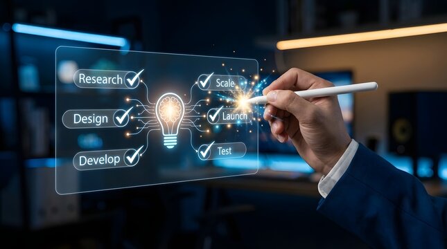 Businessman using a digital pen on a holographic project management interface to plan creative workflows, brainstorming, and product development processes.