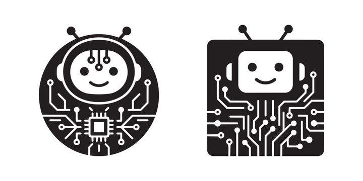 Two modern digital robot characters with integrated circuit patterns in a flat and simple silhouette style