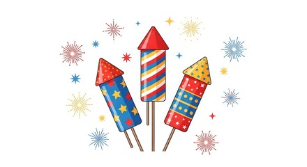 Obraz premium Colorful firework rockets with sparkling star patterns