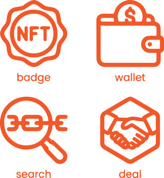 Icon Set with Nft Badge, Wallet, Search Magnifier, and Deal Handshake in Orange Line Style Featuring Iconset, Handshakeicon