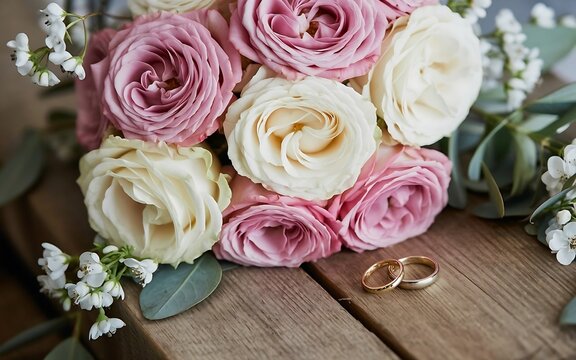 Beautiful Wedding Bouquet of Pink and White Roses with Gold Rings on a Rustic Wooden Table