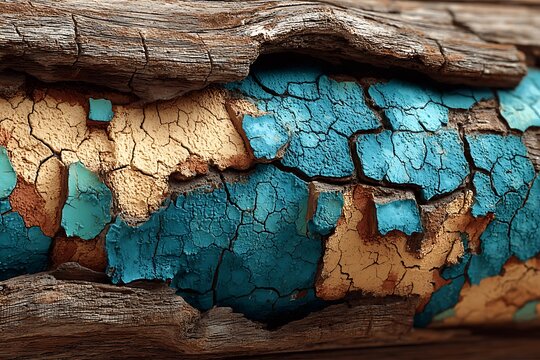 Close-up of weathered wooden surface with peeling blue and beige paint, showing cracks and texture
