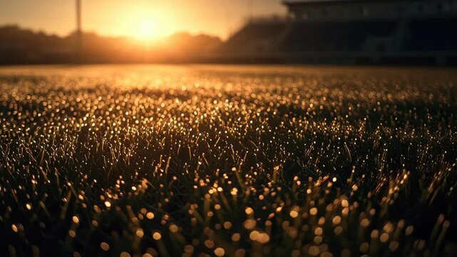 Golden sunrise over empty stadium soccer field with glistening dew on grass.